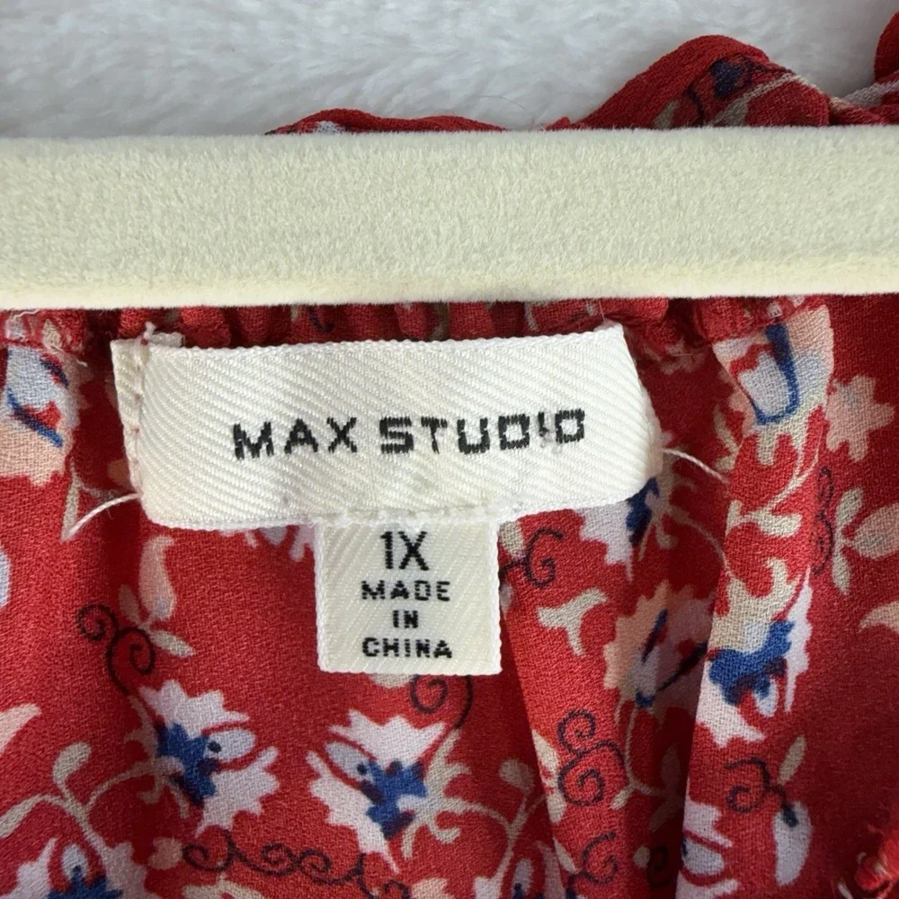 Max Studio Plus 1X Top Red Floral Peasant Blouse Boho Cottagecore Flowy Women's - Picture 5 of 11